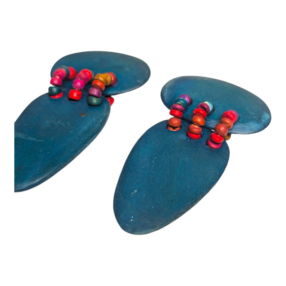 Vtg 60s Mod Chunky Blue Wooden Dangle Drop Statement Earrings Multicolor Beads - Picture 4 of 7
